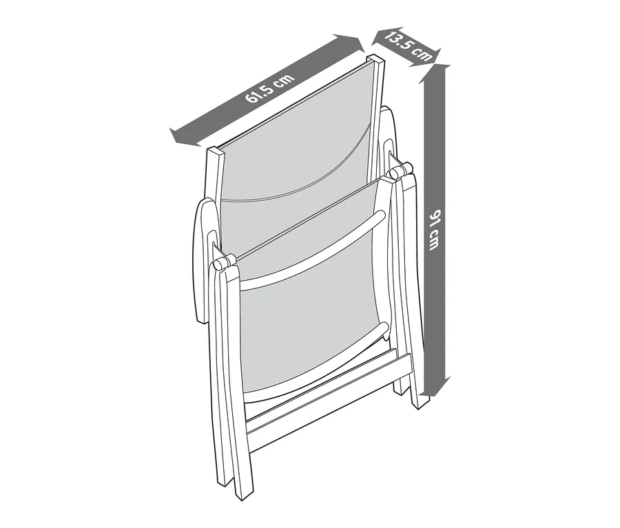 Illustration eines Hochlehners mit verstellbarer Rückenlehne im zusammengeklappten Zustand. Die Maße sind 61,5 cm x 13,5 cm x 91 cm.