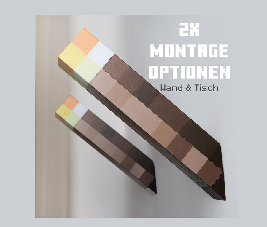 Zwei MINECRAFT LED Dekoleuchten, Fackeln, an einer Wand befestigt.