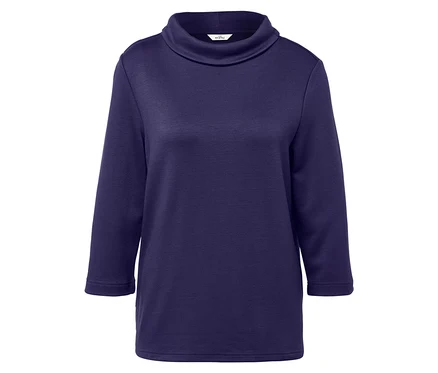 Dunkelblaues Sweatshirt mit Rollkragen und Dreiviertelärmeln.