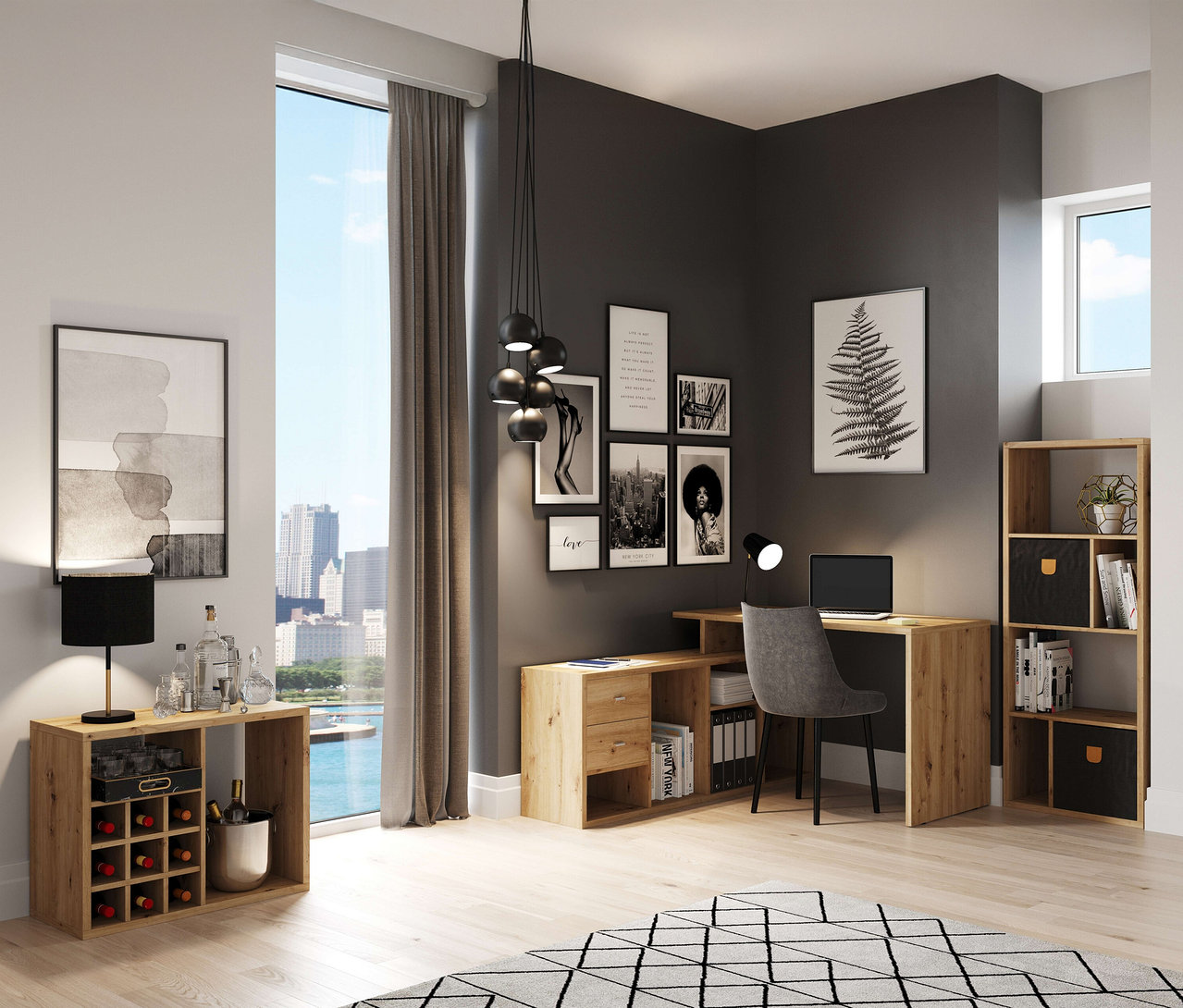 Ein Roba Set, Regal mit Schreibtisch, Artisan-Eichenoptik steht in einem modernen Raum.