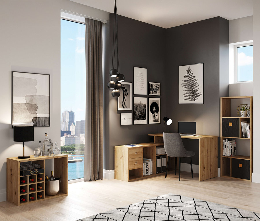 Ein Roba Set, Regal mit Schreibtisch, Artisan-Eichenoptik steht in einem modernen Raum.