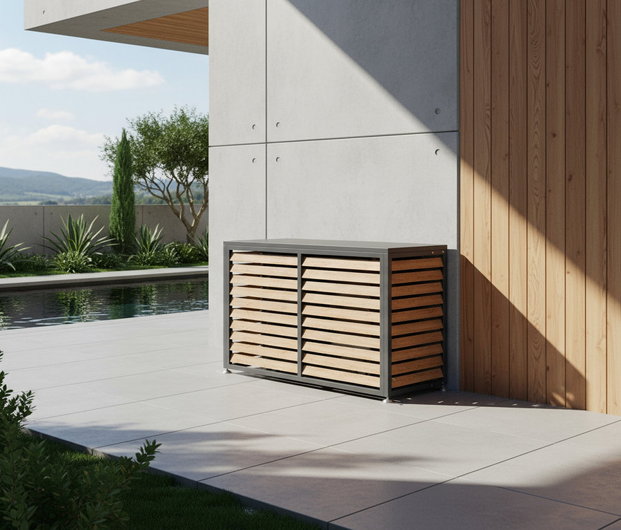 Eine graue Box mit Holzlatten steht auf einer Terrasse neben einem Pool.