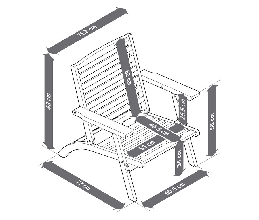 Abbildung eines zusammenklappbaren Garten-Lounge-Sessels mit Premium-Kissen, Teil eines 4-teiligen Sets, mit Maßangaben.
