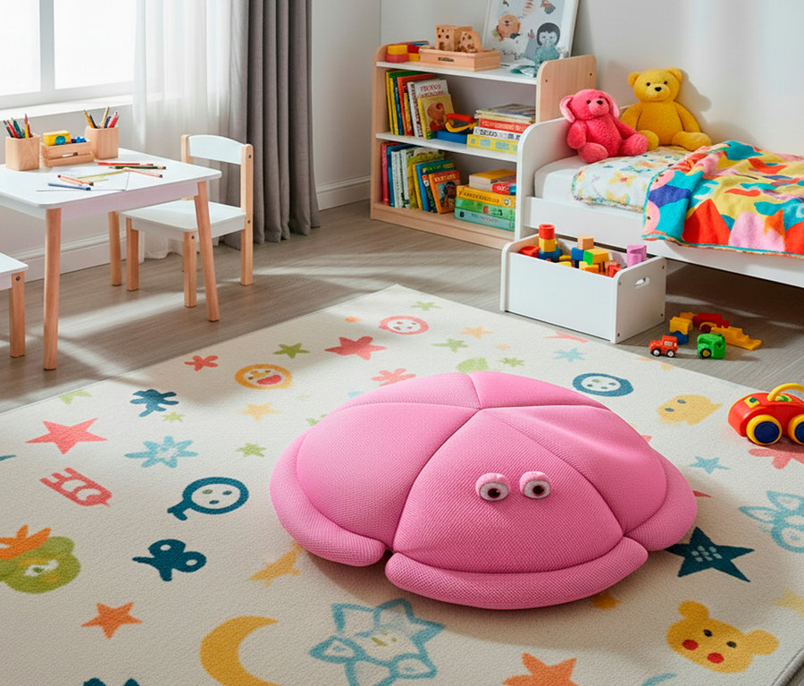 Kinderzimmer mit buntem Teppich, Tisch mit Stühlen, Regal und Bett mit Spielzeug.