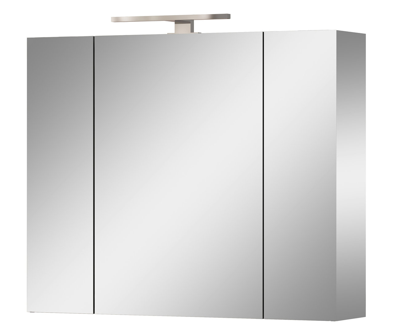 Nahaufnahme des Spiegelschranks »Tavira«, groß, mit drei Türen und einer horizontalen Lampe oben.