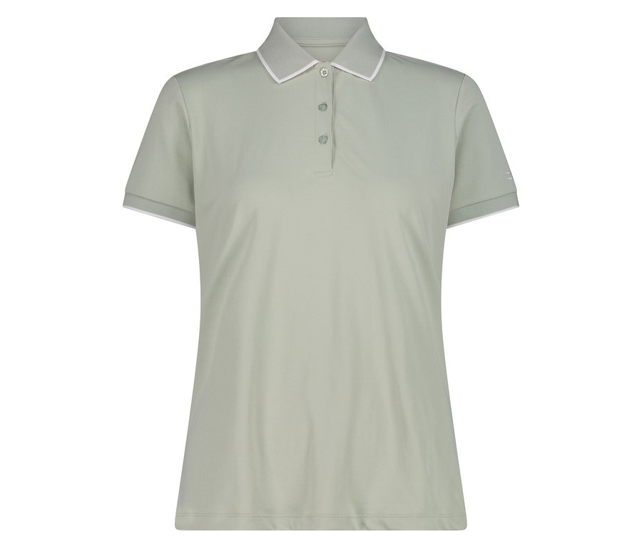 Ein hellgrünes Poloshirt mit weißen Akzenten an Kragen und Ärmeln.