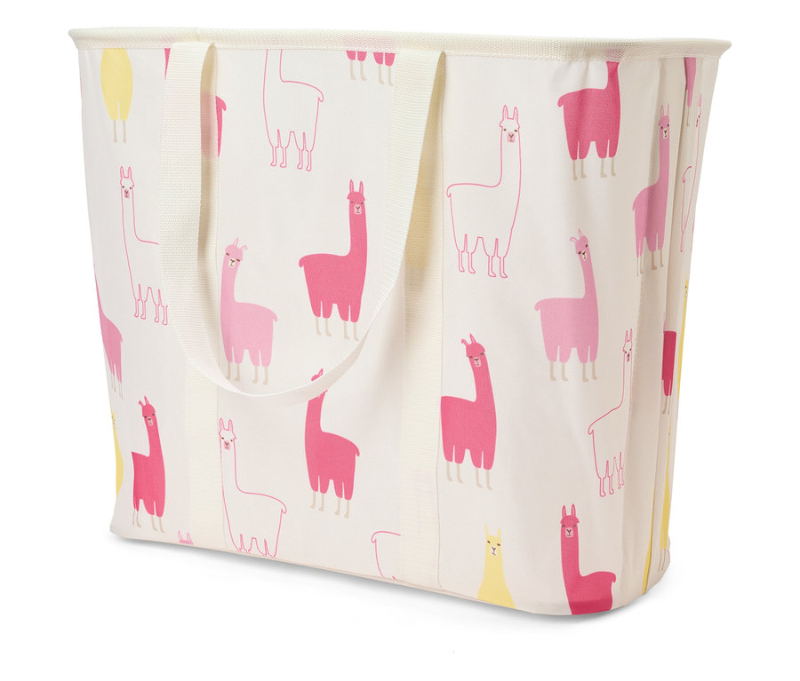 Ein weißer Wäschekorb mit rosa und gelben Lama-Motiven.