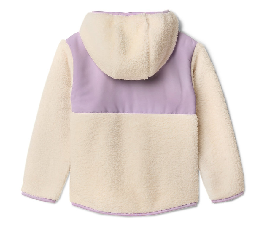 Rückansicht einer Teddy-Fleecejacke mit Kapuze in Creme und Lila.