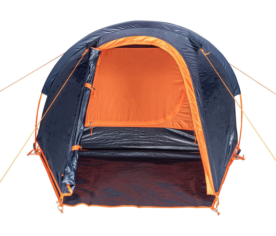 Das geöffnete Tambu »HAIKA 2« 2-Personen-Kuppelzelt in Blau und Orange von vorne.
