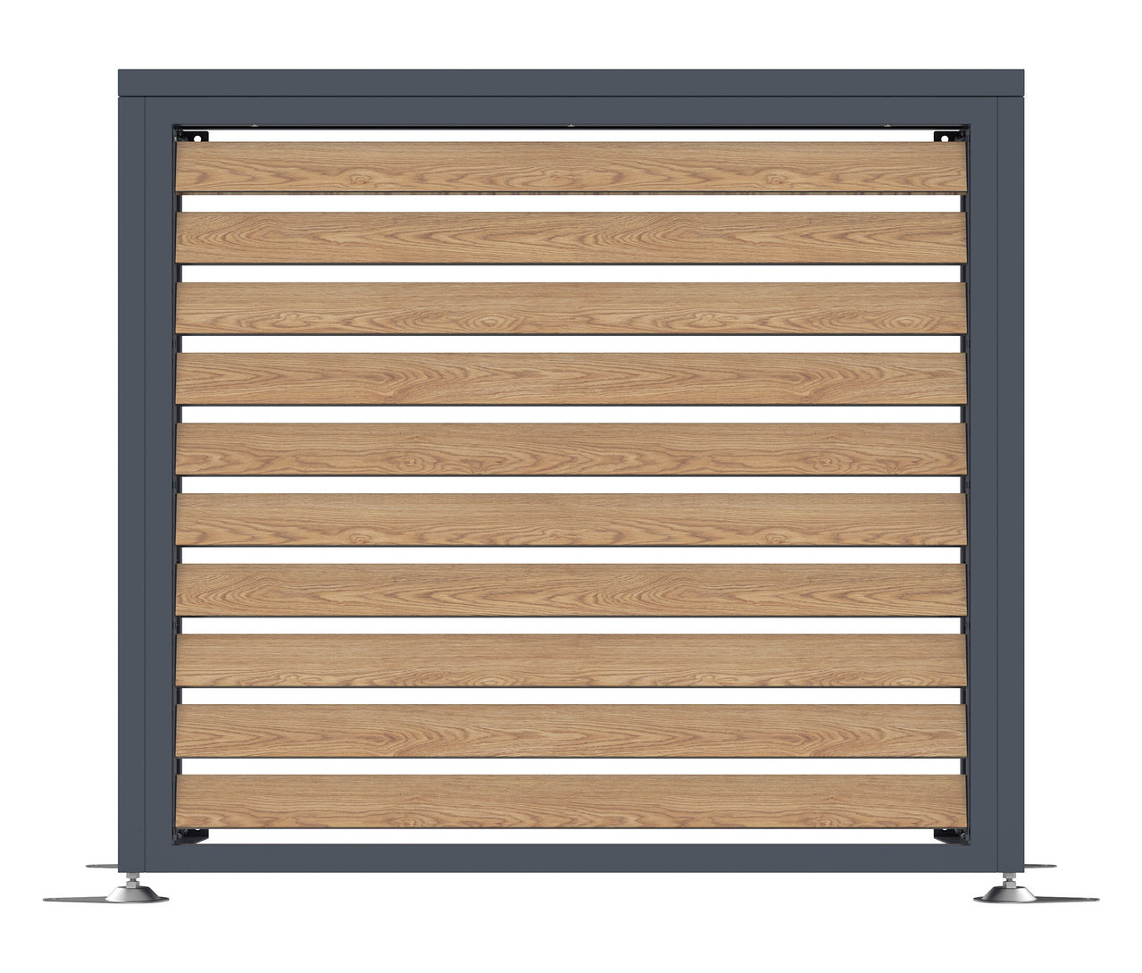 Ein grauer Sichtschutz mit horizontalen Holzlatten.