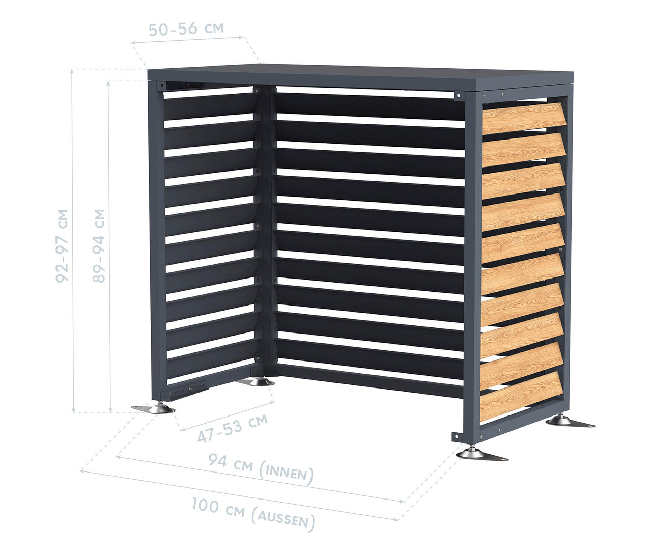 Abdeckung mit horizontalen Latten in Grau und Holzoptik mit Maßangaben.