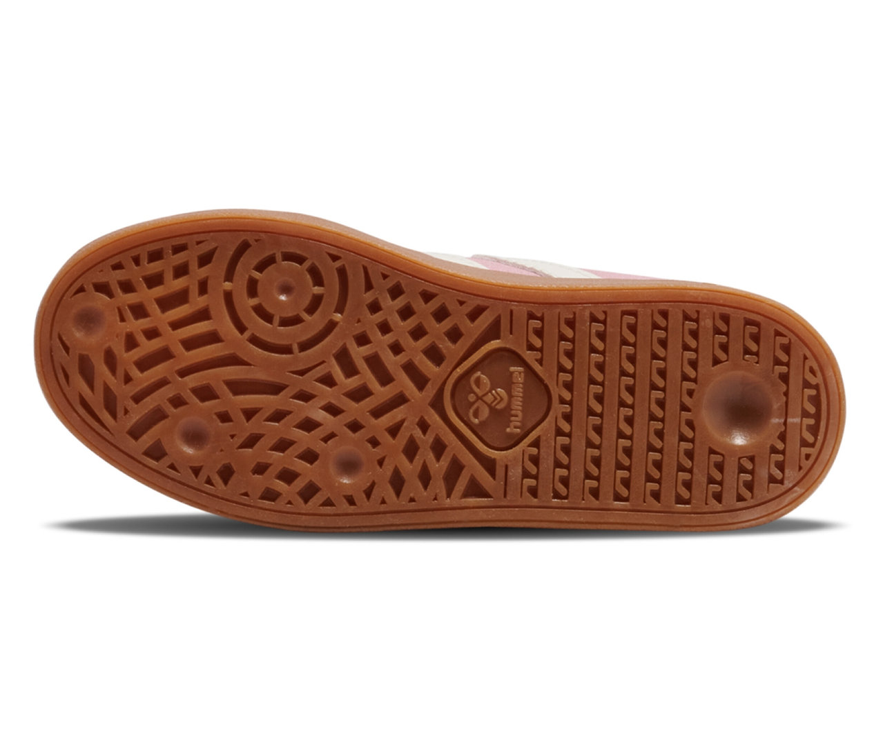 Nahaufnahme der braunen Sohle des rosa hummel® Handball Perfekt CL JR Sneakers.