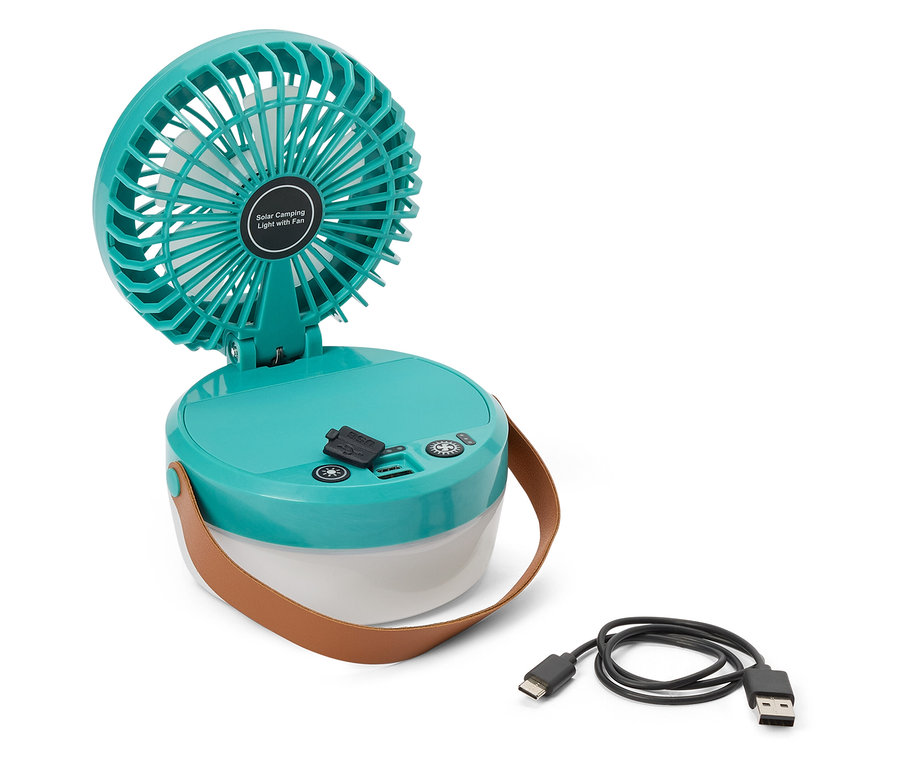Türkisfarbenes Solar Camping Light mit Ventilator mit USB-Kabel auf einem weißen Hintergrund.