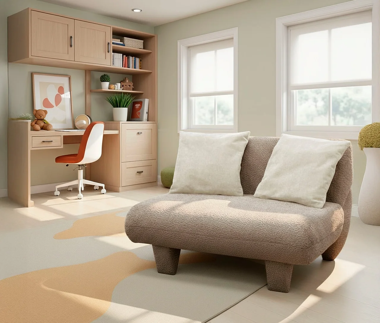 Beiges Domo Sofa »Alicante« mit zwei Kissen steht in einem Raum mit Schreibtisch und Fenster.