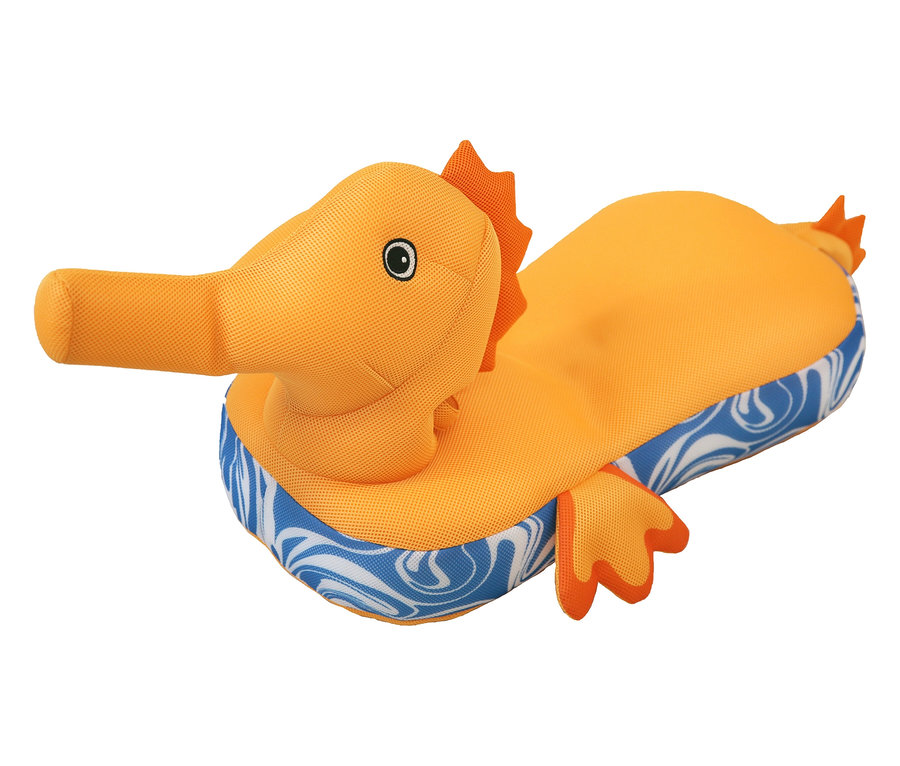 Ein orangefarbener, aufblasbarer Seepferdchen-Pool-Schwimmer mit blau-weißem Wellenmuster am Rand.