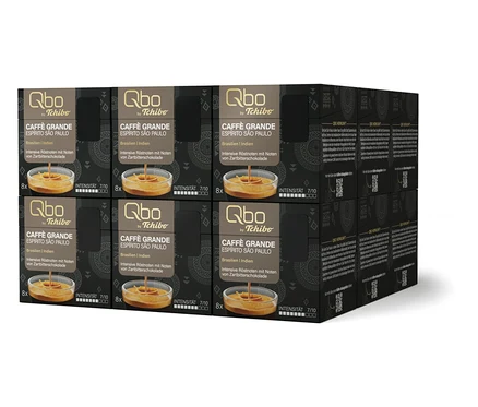 Stapel Qbo Caffè Grande Espírito São Paulo Kapseln mit Noten von Zartbitterschokolade, Intensität 7/10.