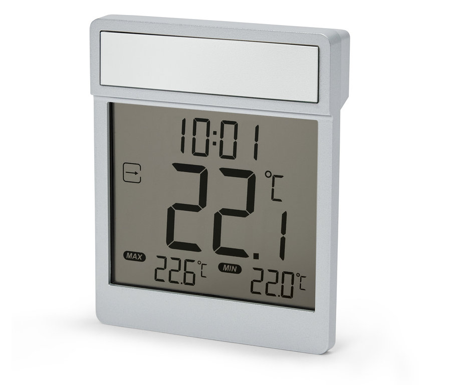 Silbernes digitales Thermometer zeigt 22,1 Grad Celsius um 10:01 Uhr.