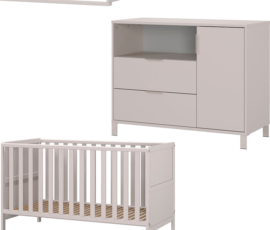 Ein Kinderzimmer-Set in Weiß mit einem Gitterbett, einer Kommode mit zwei Schubladen und einer Ablage.