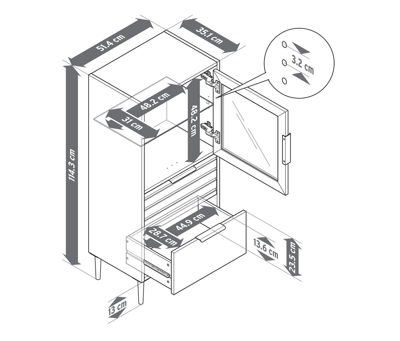 Skizze einer »BAAKEN« Vitrine mit Glastür und 2 Schubladen, mit Maßangaben.