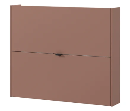 Eine an der Wand montierte, zweitürige Schuhaufbewahrung in einem matten, hellen Braunton mit einem schmalen, schwarzen Griff.