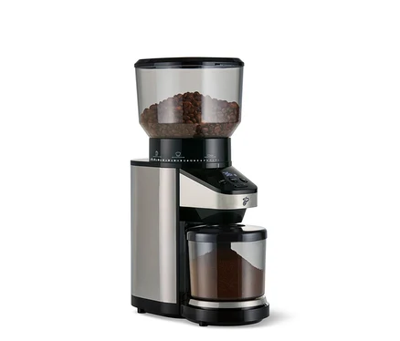 Elektrische Kaffeemühle mit Waage aus Edelstahl und Schwarz, mit Bohnen im oberen Behälter und gemahlenem Kaffee im unteren Auffangbehälter.