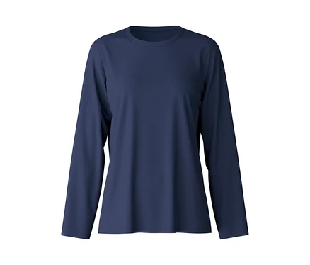 Marineblaues Langarmshirt mit Rundhalsausschnitt auf weißem Hintergrund.