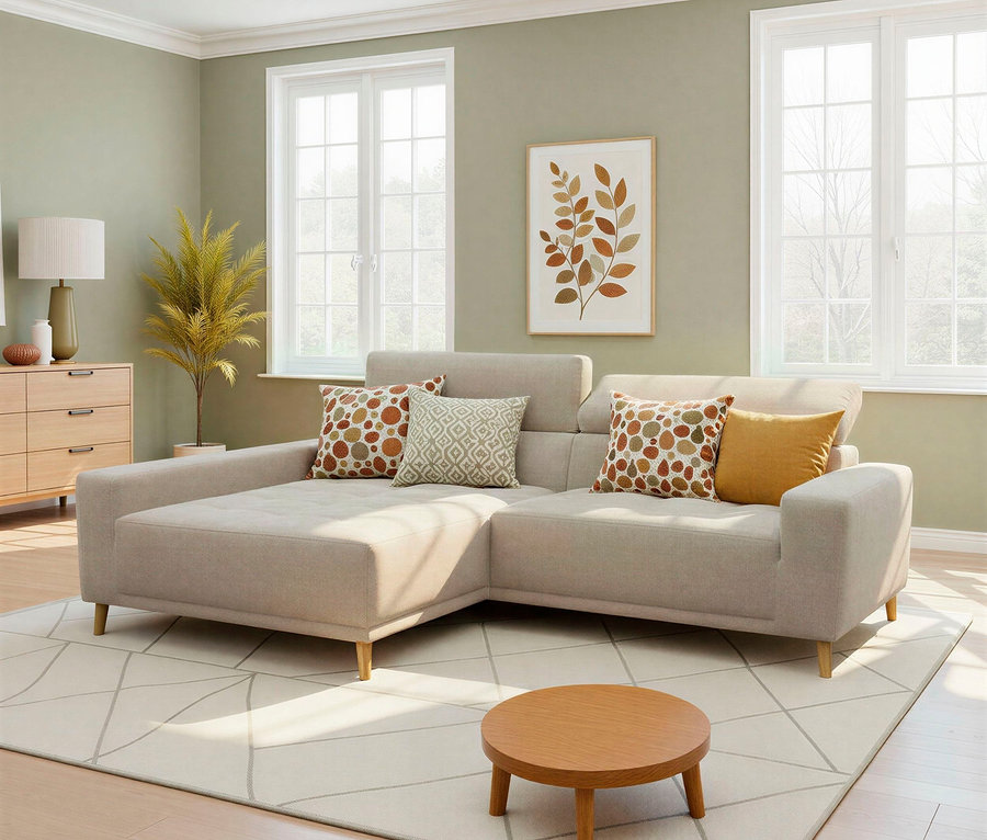 Ein modernes Wohnzimmer mit einem beigen L-förmigen Sofa, das mit gemusterten Kissen dekoriert ist. Vor dem Sofa steht ein runder Holztisch auf einem hellen Teppich mit geometrischem Muster. Die Wände sind hellgrün, und zwei große Fenster lassen Tageslicht herein. Zwischen den Fenstern hängt ein Bild mit Blättermotiv. Links steht eine Holzkommode mit einer Lampe und einer Pflanze.