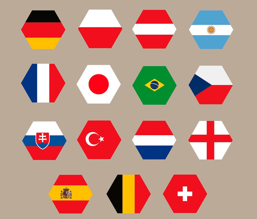 Ein Raster aus 15 sechseckigen Flaggen, darunter Deutschland, Polen, Österreich, Argentinien, Frankreich, Japan, Brasilien, Tschechien, Slowakei, Türkei, Niederlande, England, Spanien, Belgien und die Schweiz.