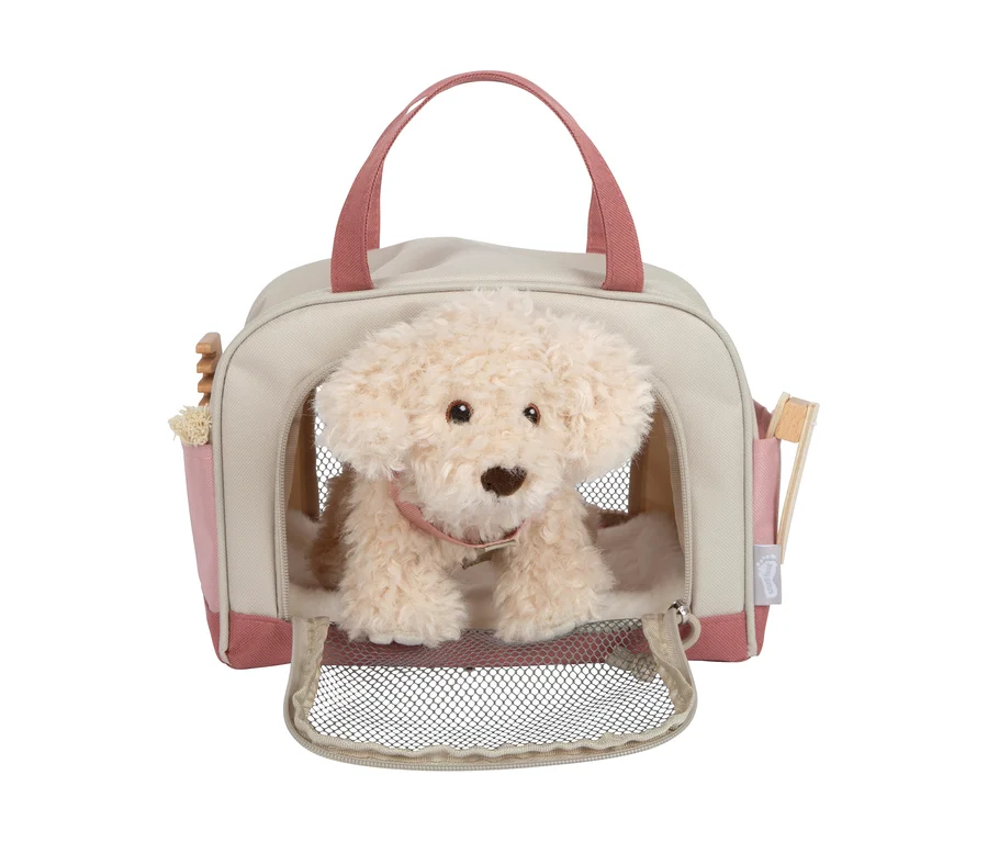 small foot Plüschhund mit Tasche und Pflege-Set: Beiger Plüschhund mit rosa Halsband in beiger und rosa Tragetasche, mit Pflegezubehör.
