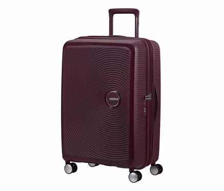 American Tourister Soundbox Spinner Hartschalen-Koffer in Wildkirschrot, mittel, mit spiralförmigem Muster und vier Rollen.