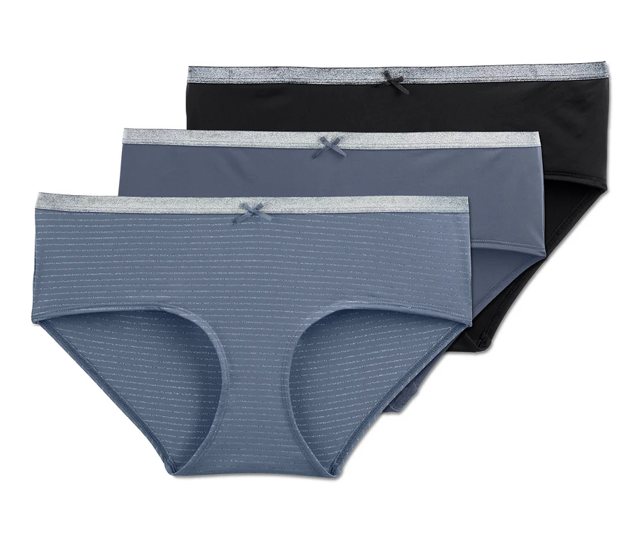 Drei Pantys: eine blau gestreifte, eine graue und eine schwarze.