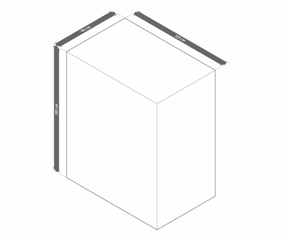 Diagramm der Abdeckhaube für Strandkorb XL mit den Maßen: 125 cm Länge, 90 cm Breite, 155 cm Höhe.