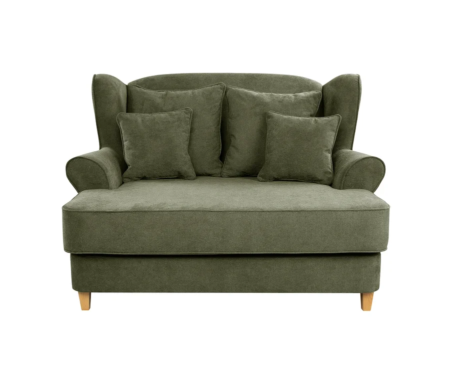 Olivgrünes Zweisitzer-Flügelsofa mit vier passenden Kissen und hellen Holzbeinen.