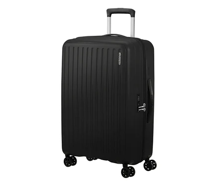 Schwarzer American Tourister Rejoy Spinner Koffer, mittel, mit ausziehbarem Griff und vier Rollen.