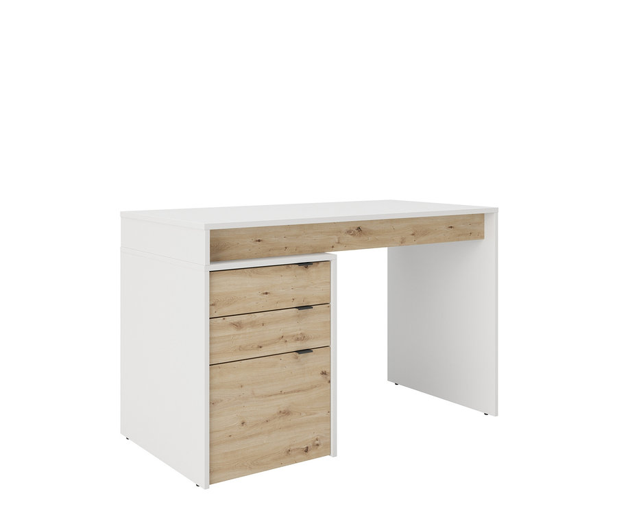 Weißer Schreibtisch mit drei Schubladen in Holzoptik.
