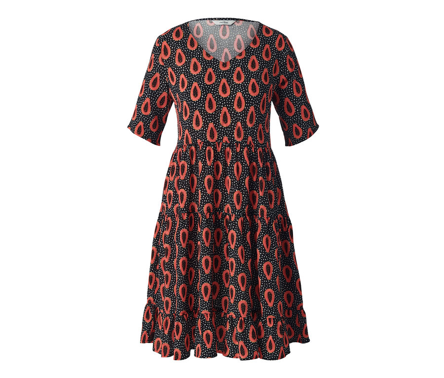 Schwarzes Webkleid mit rotem Muster.