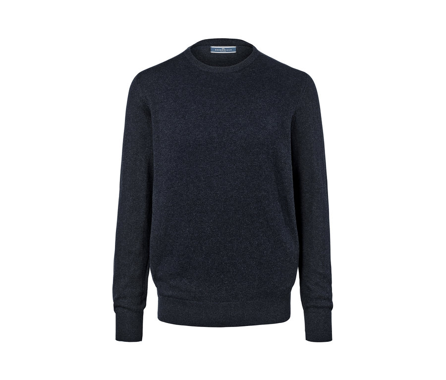 Dunkelblau melierter Pullover mit Rundhals-Ausschnitt.
