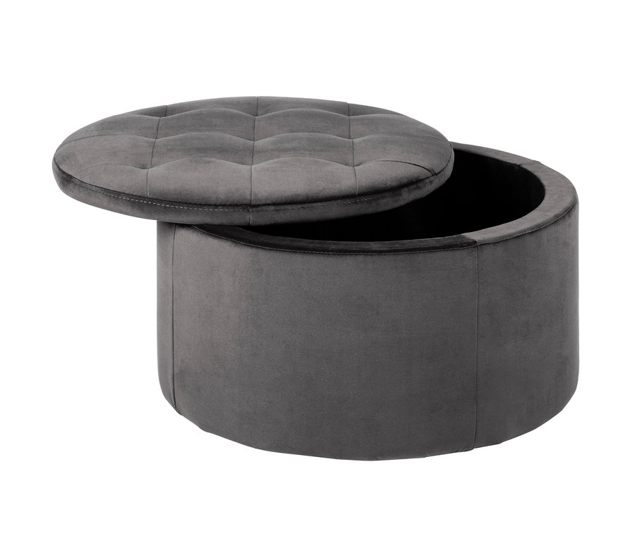Grauer Samthocker mit Stauraum und abnehmbarem Deckel.