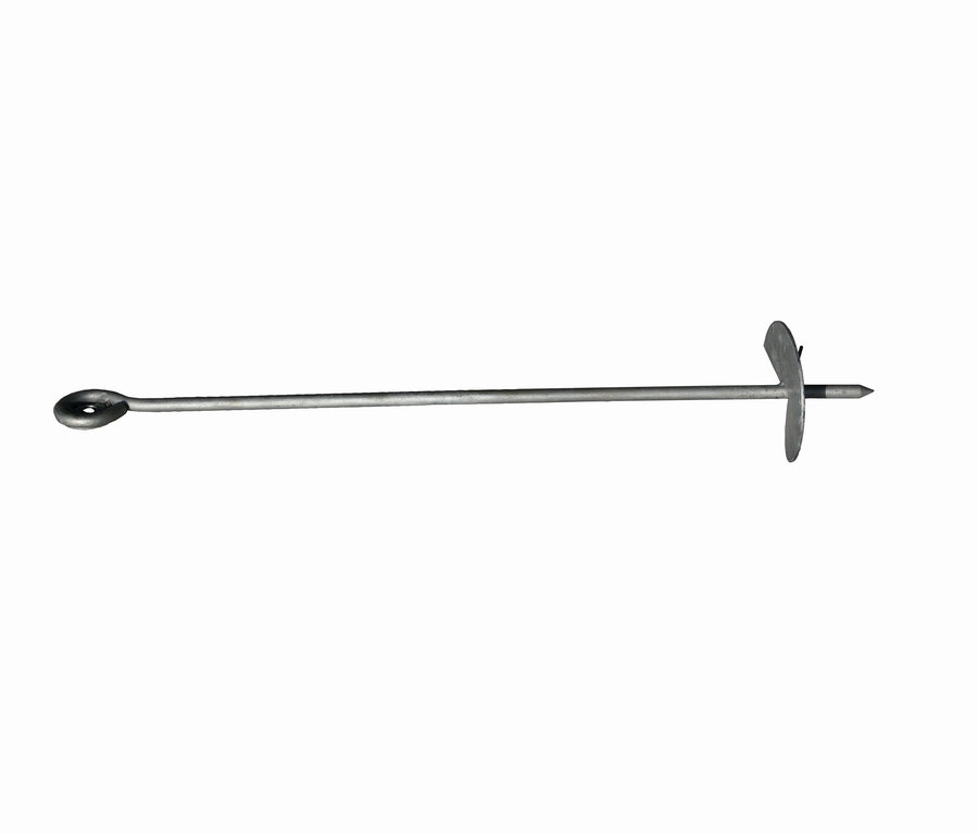 Ein Metall-Bodenanker mit Öse und spitzem Ende.