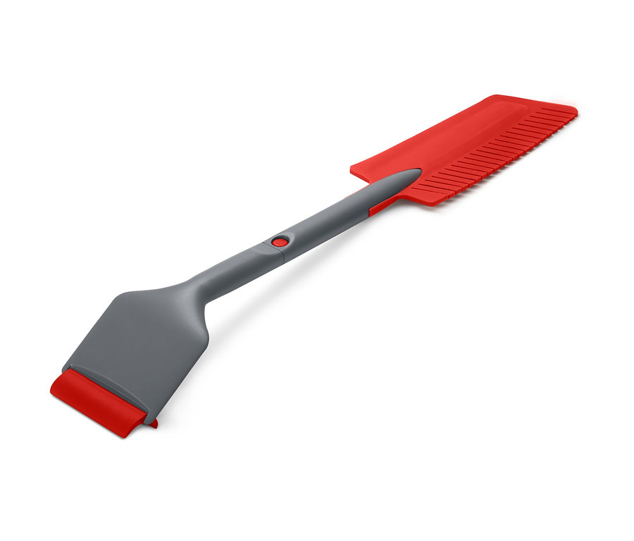 Ein 3-in-1-Auto-Eiskratzer-und-Schneefeger mit roter Klinge und grauem Griff.