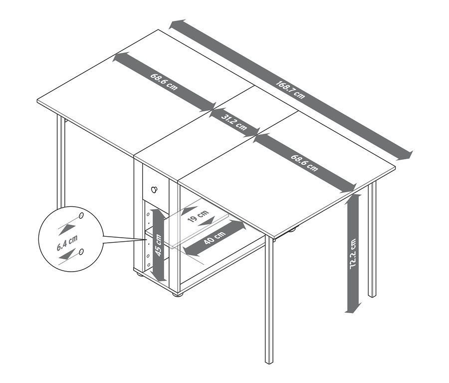 Die Abmessungen des ausziehbaren Tisches sind 168,7 cm Länge, 68,6 cm Breite und 72,2 cm Höhe.