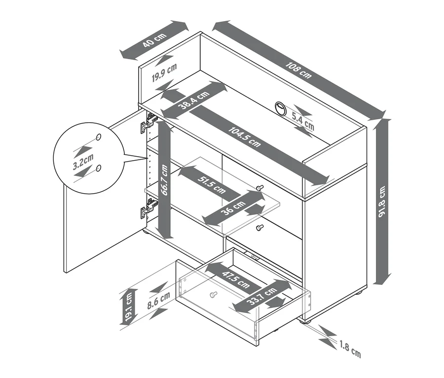 Abmessungen des Sideboards mit Schubladen und Tür.