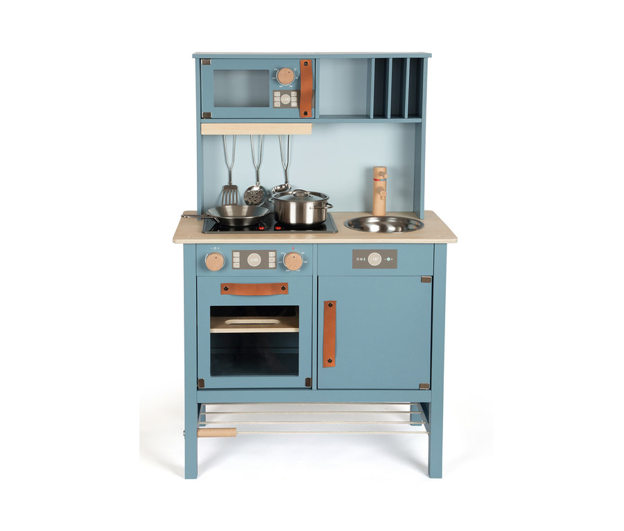 Eine blaue small foot Kinderküche kompakt »tasty« mit Backofen, Herd, Spüle und Mikrowelle.