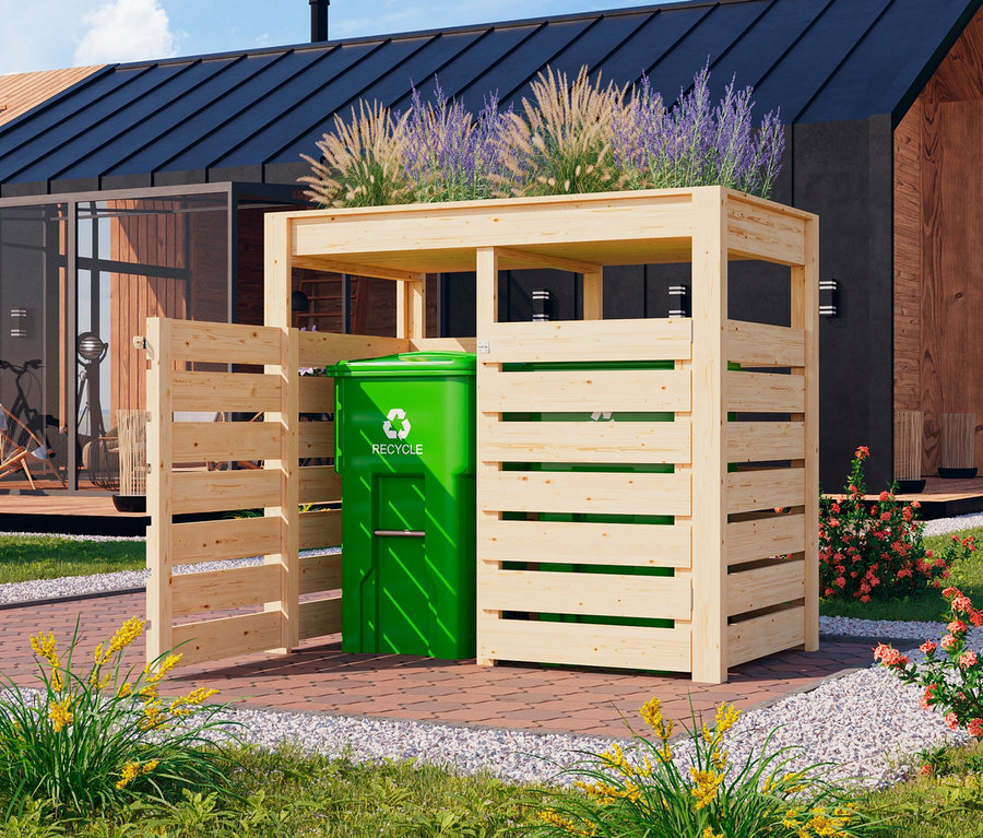 Geöffnete naturfarbene Karibu Mülltonnenbox für 2 Tonnen mit Pflanzdach, 2x 240 l, mit einer grünen Mülltonne darin.