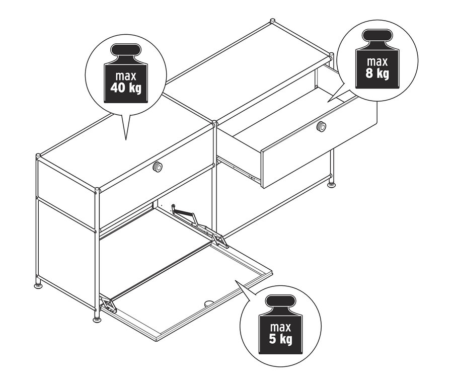 Zeichnung eines Sideboards »CN3« mit Schubladen und Klappen, wobei eine Schublade geöffnet und eine Klappe heruntergeklappt ist.