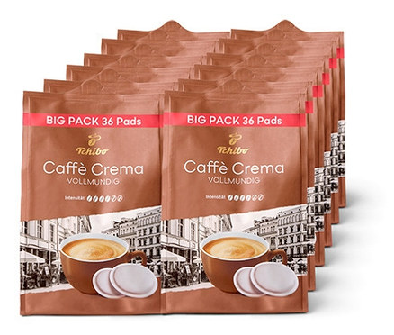 Stapel brauner Kaffeepads Caffè Crema Vollmundig.