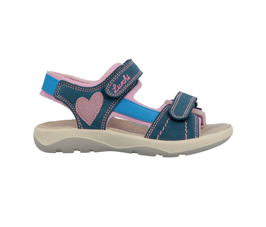 Blaue Lurchi Sandale im Jeans-Look mit rosa Akzenten und Herzapplikation.