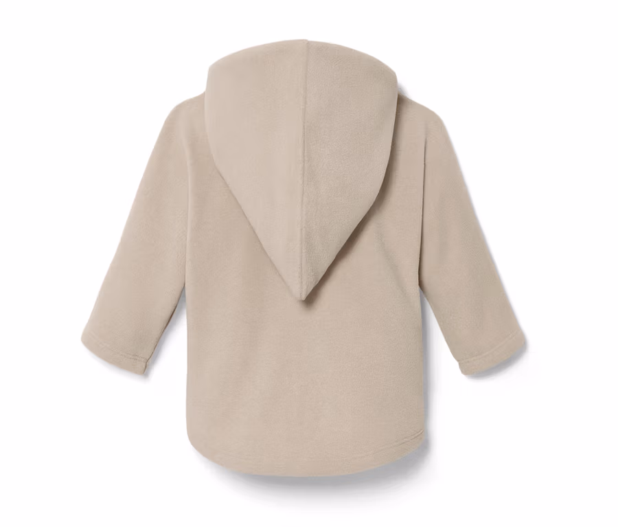 Rückansicht einer beigen Baby-Fleecejacke mit Kapuze.