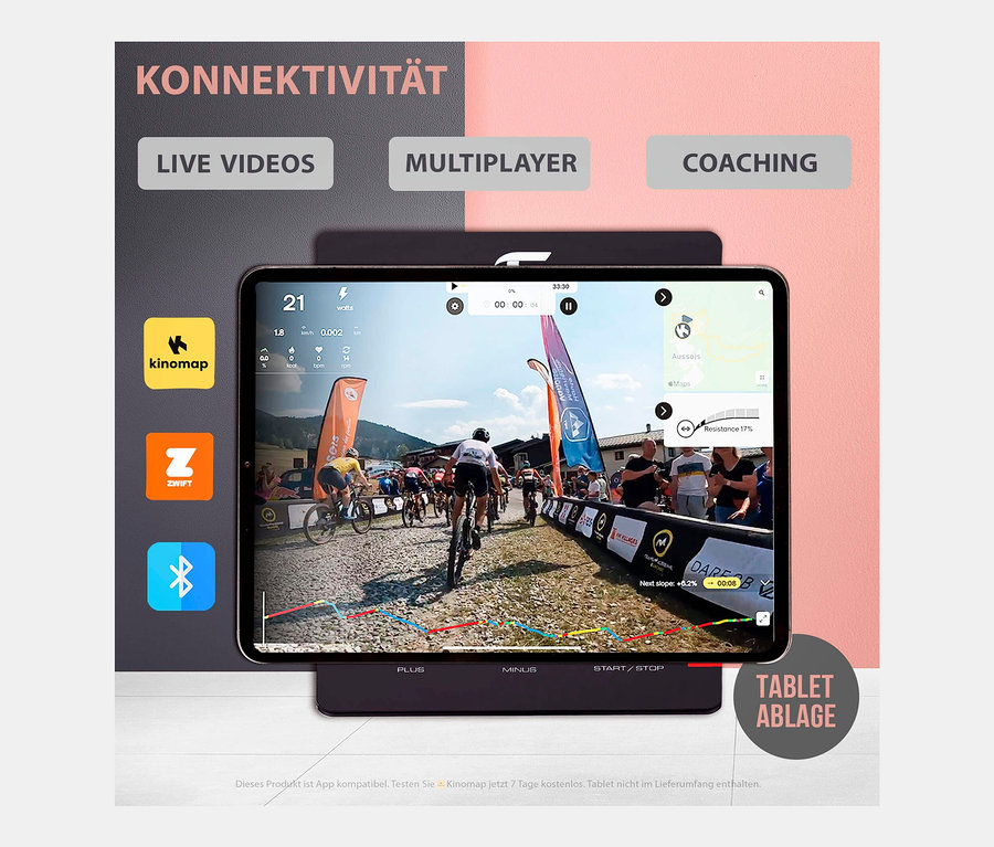 Auf dem Bildschirm eines Tablets wird ein Radrennen gezeigt. Das Tablet steht auf einem schwarzen Ständer. Zu sehen ist der Christopeit Sport Heimtrainer Ergometer »ET 6«.