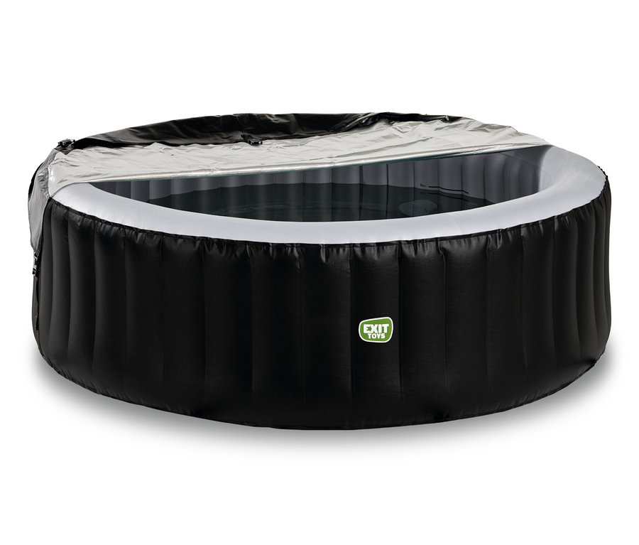 Ein schwarzer EXIT Silver Classic Whirlpool für 4 Personen mit Abdeckung.